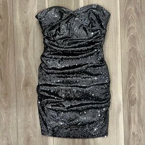 Gunmetal Sequin Strapless Mini Ruched Party Dress